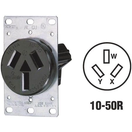 Leviton Straight Blade Receptacle, 10-50R, 50 A, 125/250V AC, 2 Pole, 3 Wire, Flush Mount, Non-Grounded R30-05206-S10